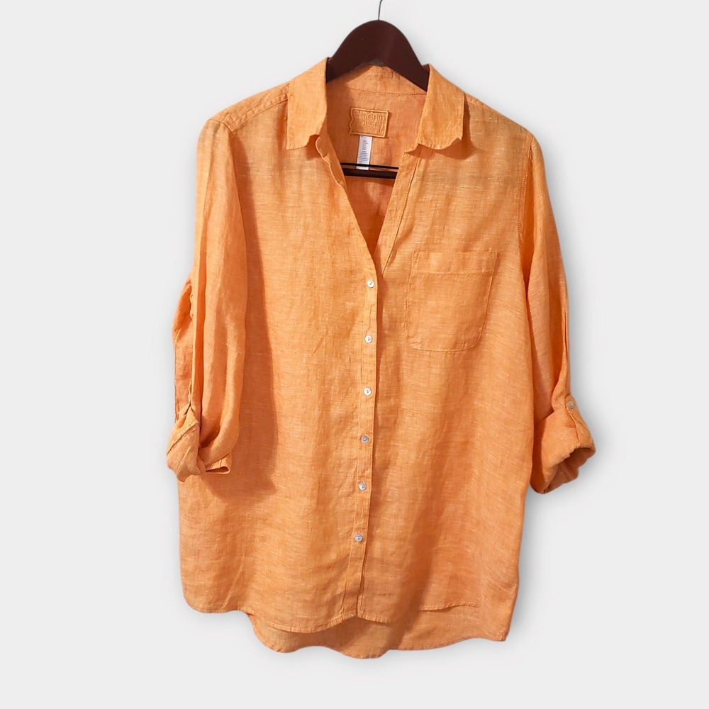 NWOT Sigrid Olsen Womens Orange 100% Linen Button Up Roll Tab Sleeve Shirt Med